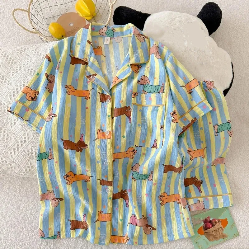 Summer Short Sleeve Pajama Set with Shorts and Fun Print