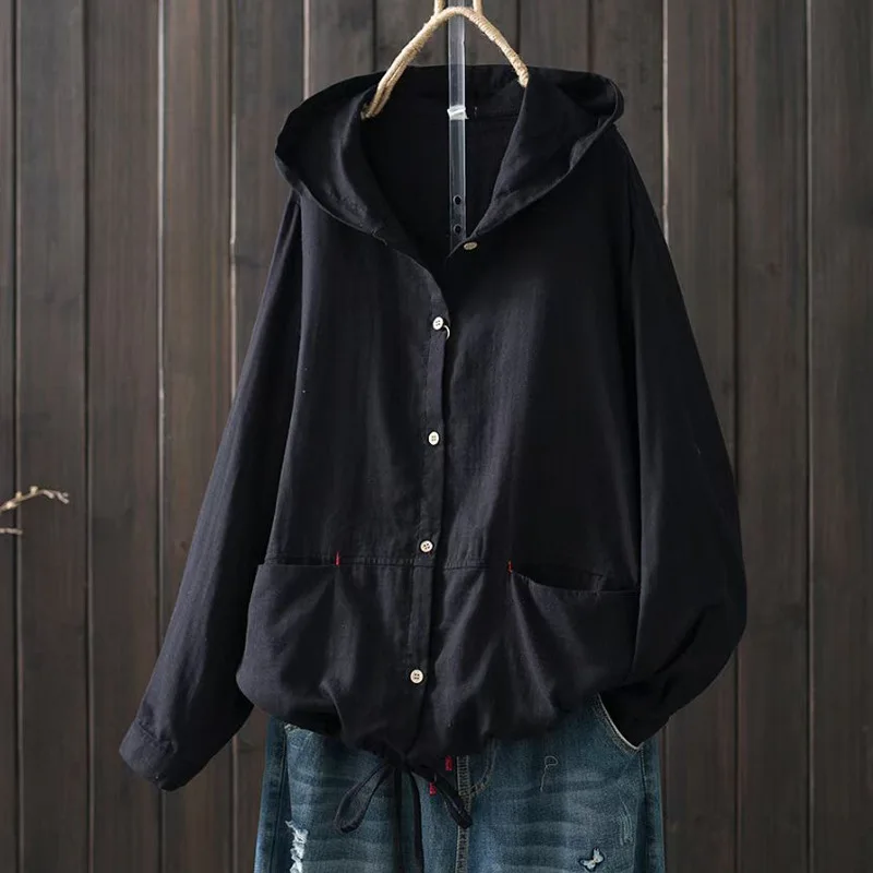 Solid Cotton Long Sleeve Hooded Cardigan