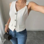 Women's White Vest with Sequin Details and Front Buttons — Image 3