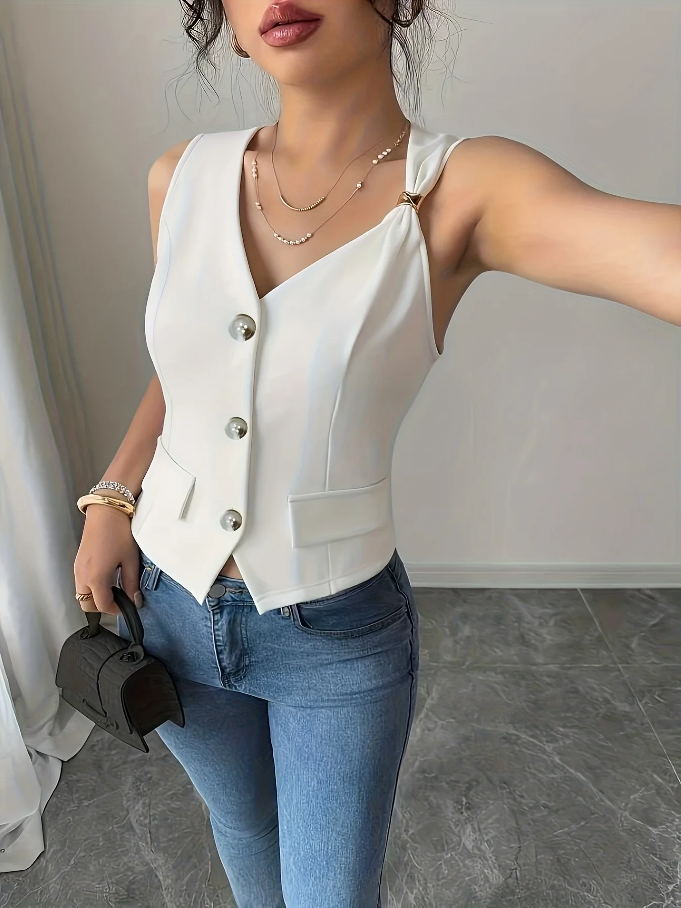 Women's White Vest with Sequin Details and Front Buttons