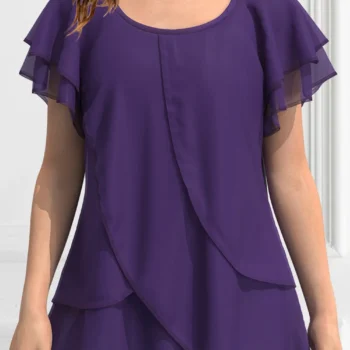Chiffon Short Sleeve Round Neck Asymmetric Blouse