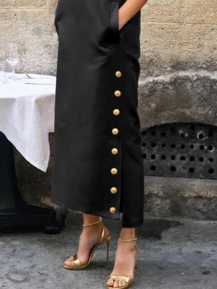 Vintage Solid Summer Dress with Slit