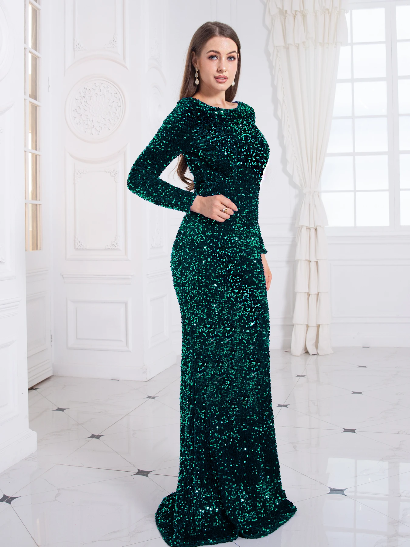 Long Sleeve Sequin Mermaid Evening Dress with Train