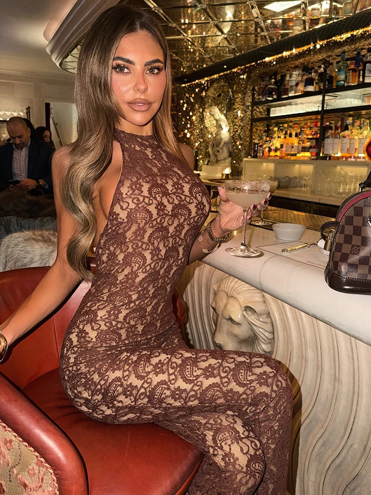 Lace Backless Halter Jumpsuit