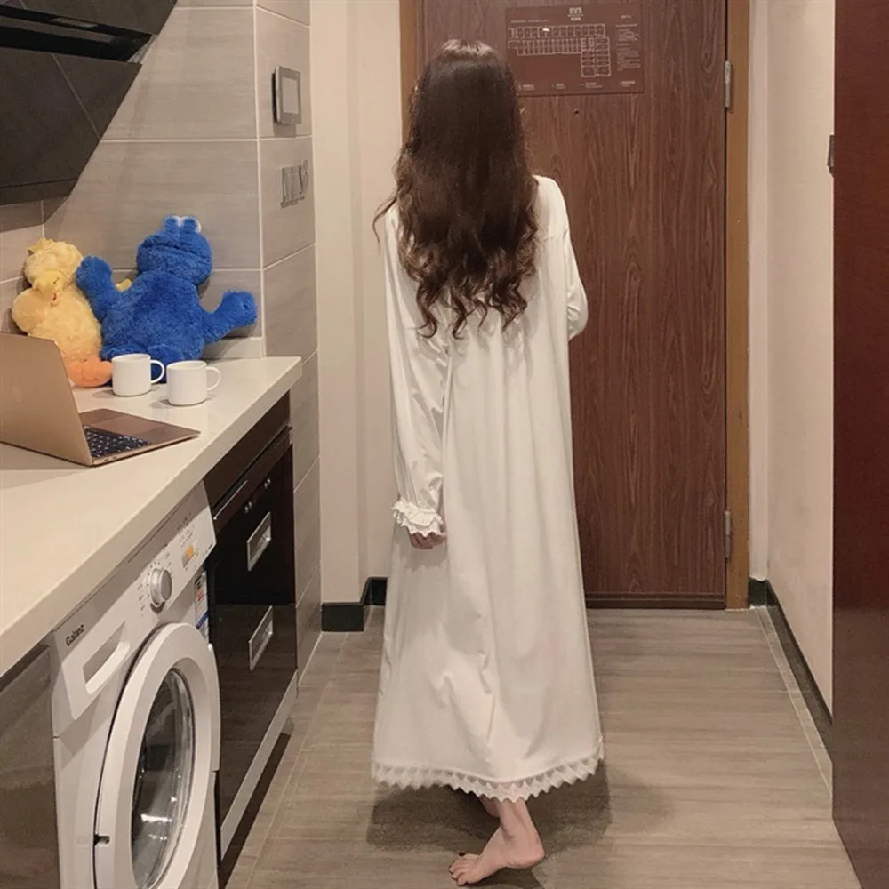 Long Full-Sleeve Nightgown with Lace Trim