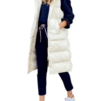 Long Winter Hooded Zip-Up Vest with Side Pockets
