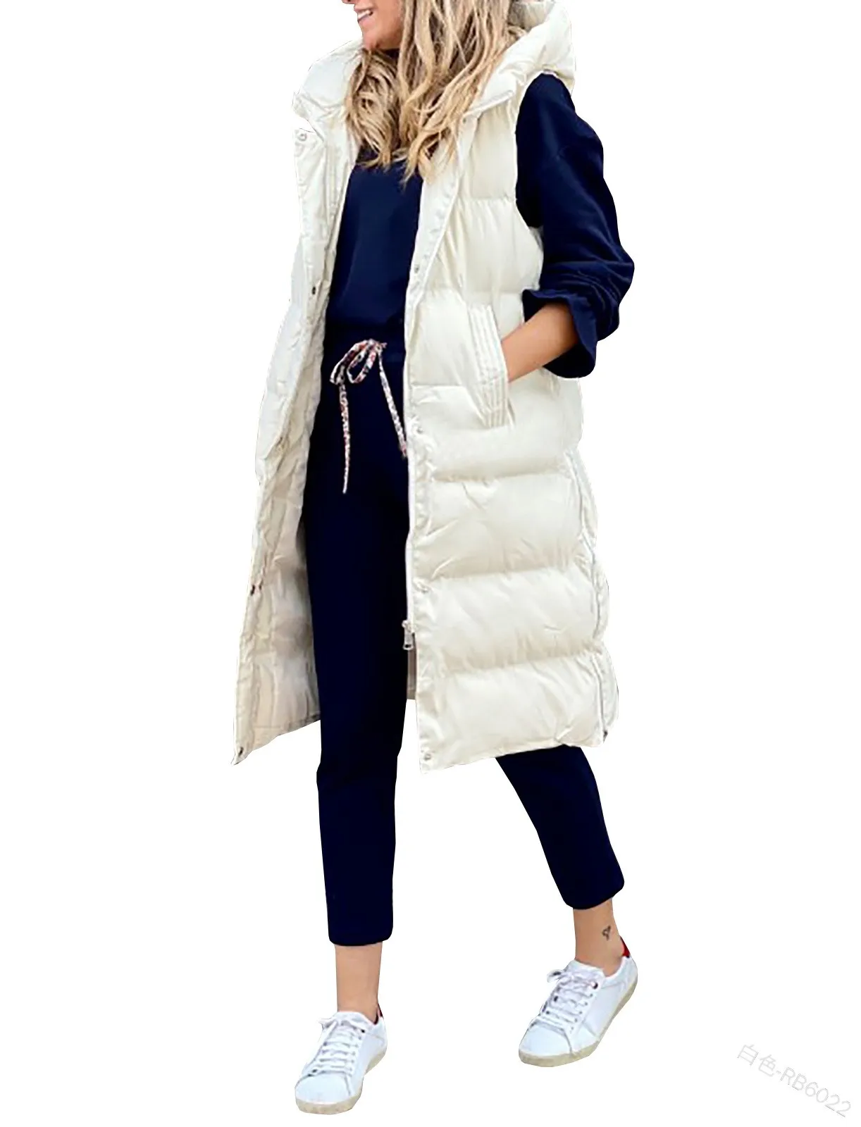 Long Winter Hooded Zip-Up Vest with Side Pockets