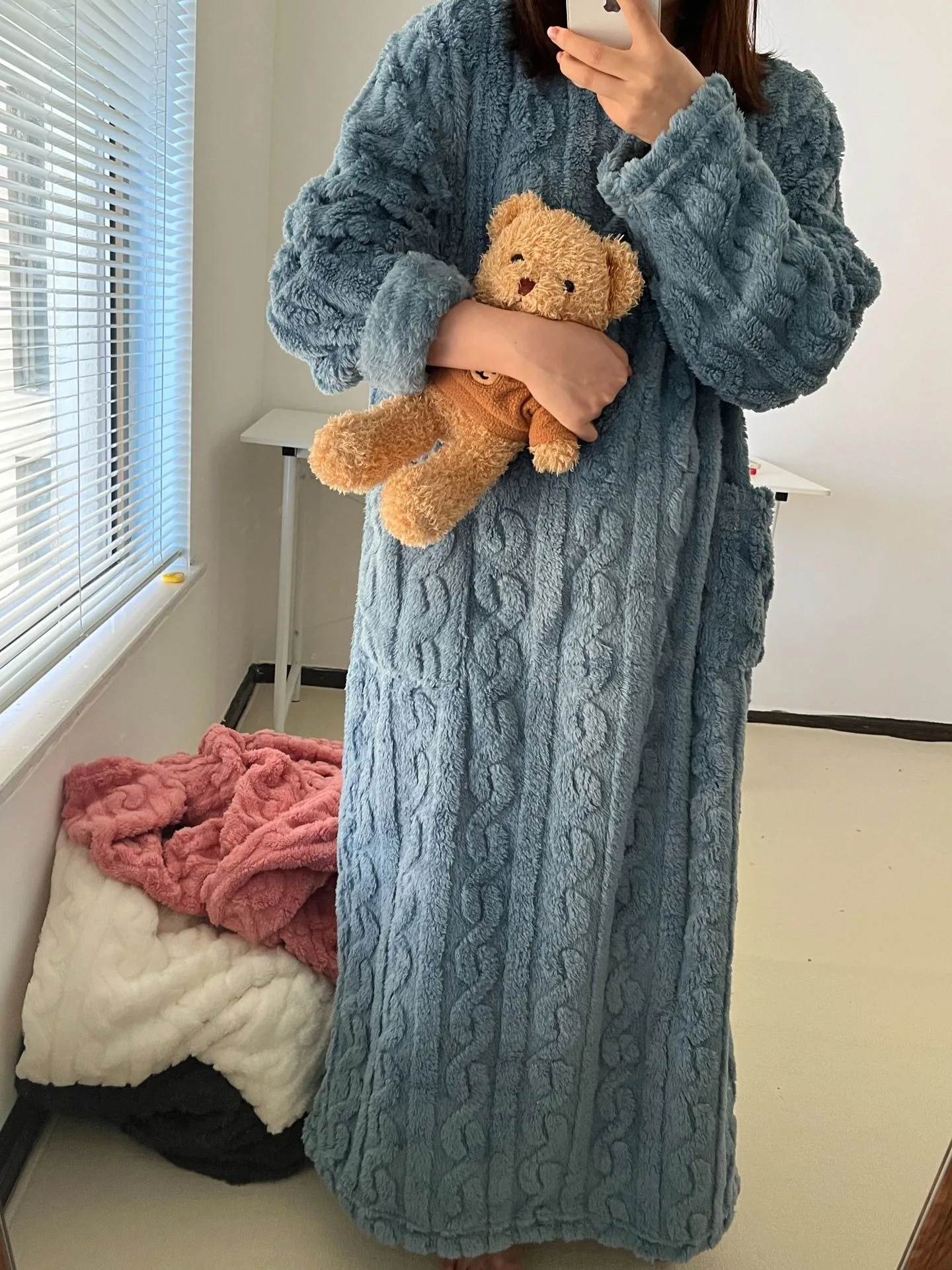 Warm Flannel Knee-Length House Robe Set
