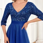 Three-Quarter Sleeve Evening Dress with Sequin Bodice and Tulle Skirt — Image 6