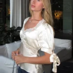 Short Sleeve T-Shirt with Lace Details and Waist Tie — Image 3