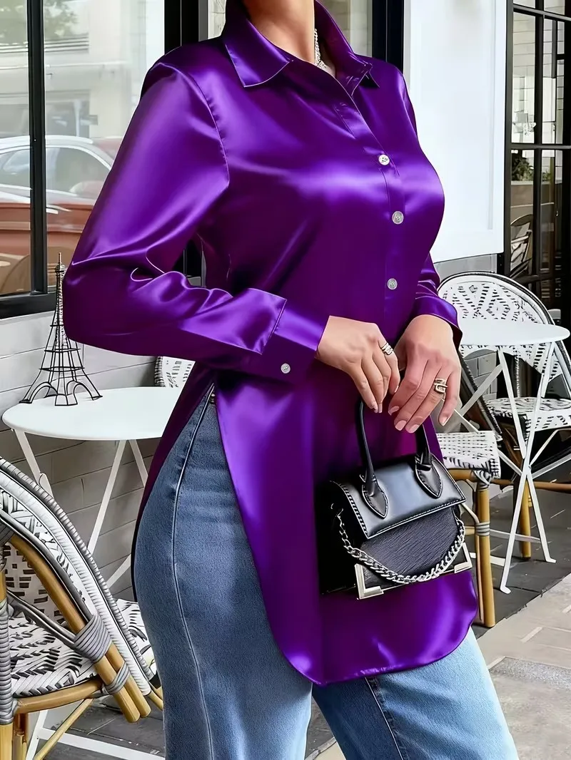 Satin Long Sleeve Blouse with Buttons