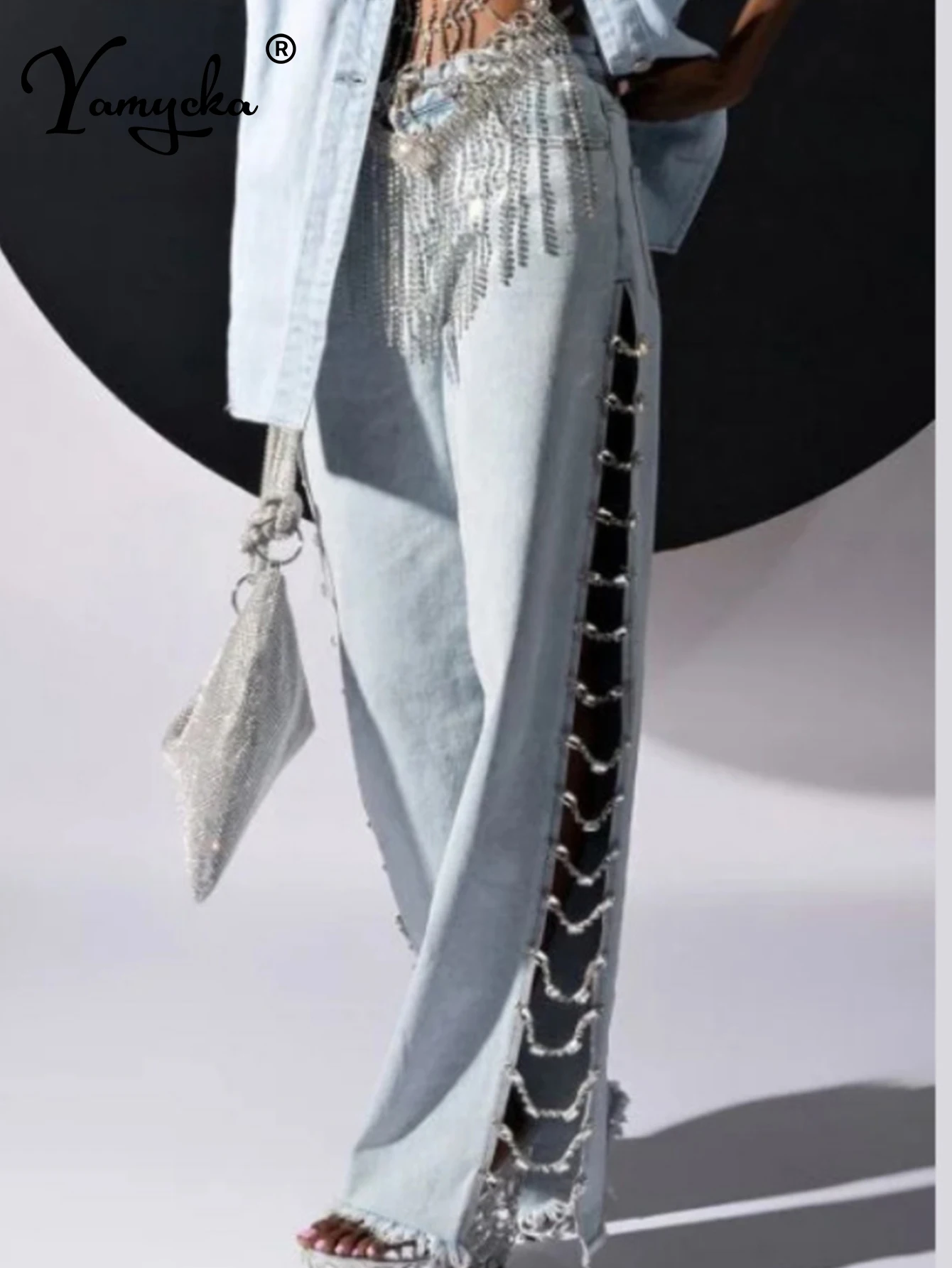 High Waist Wide-Leg Jeans with Sparkly Cutout Details