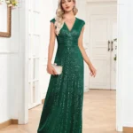 Sequin Evening Dress with Cap Sleeves, V-Neck and Gathered Waist — Image 3