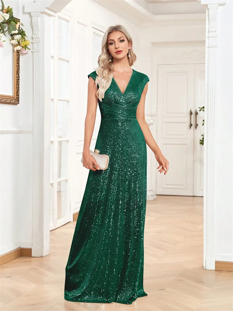 Sequin Evening Dress with Cap Sleeves, V-Neck and Gathered Waist