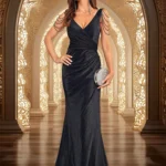 V-Neck Evening Dress with Beaded Shoulder Chains