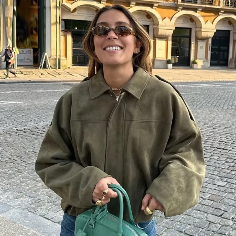 Suede Bomber Jacket with Collar and Zipper