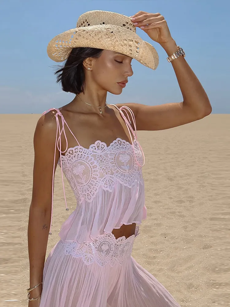 Lace Set with Strappy Top and Wide-Leg Pants