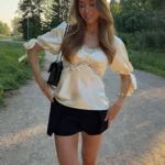 Short Sleeve T-Shirt with Lace Details and Waist Tie — Image 2