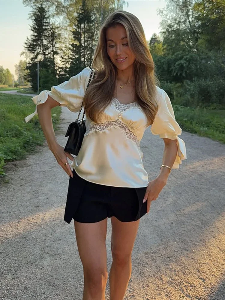 Short Sleeve T-Shirt with Lace Details and Waist Tie