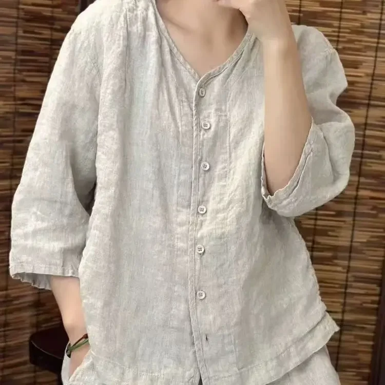 Casual Loose V-Neck Shirt with Buttons