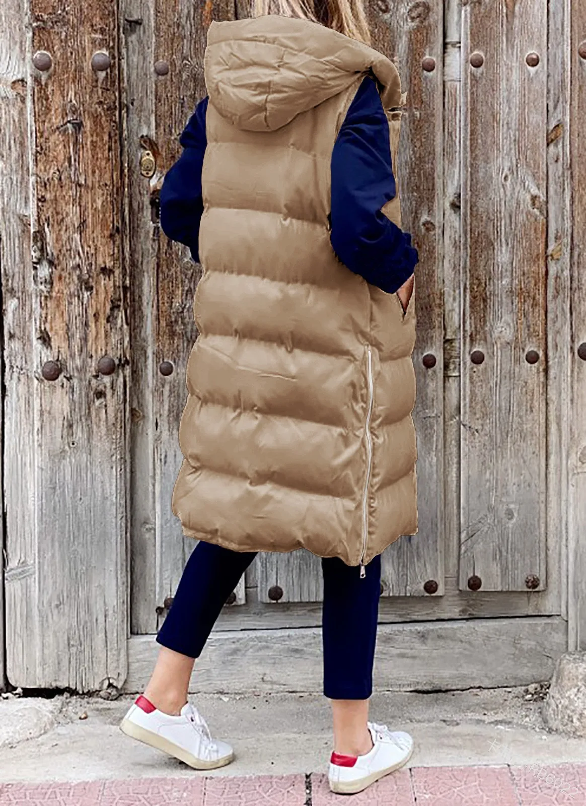 Long Winter Hooded Zip-Up Vest with Side Pockets