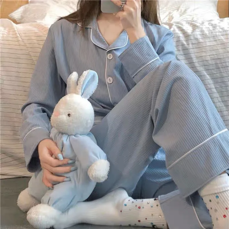 Long Sleeve Pajama Set with Turn-Down Collar and Long Pants