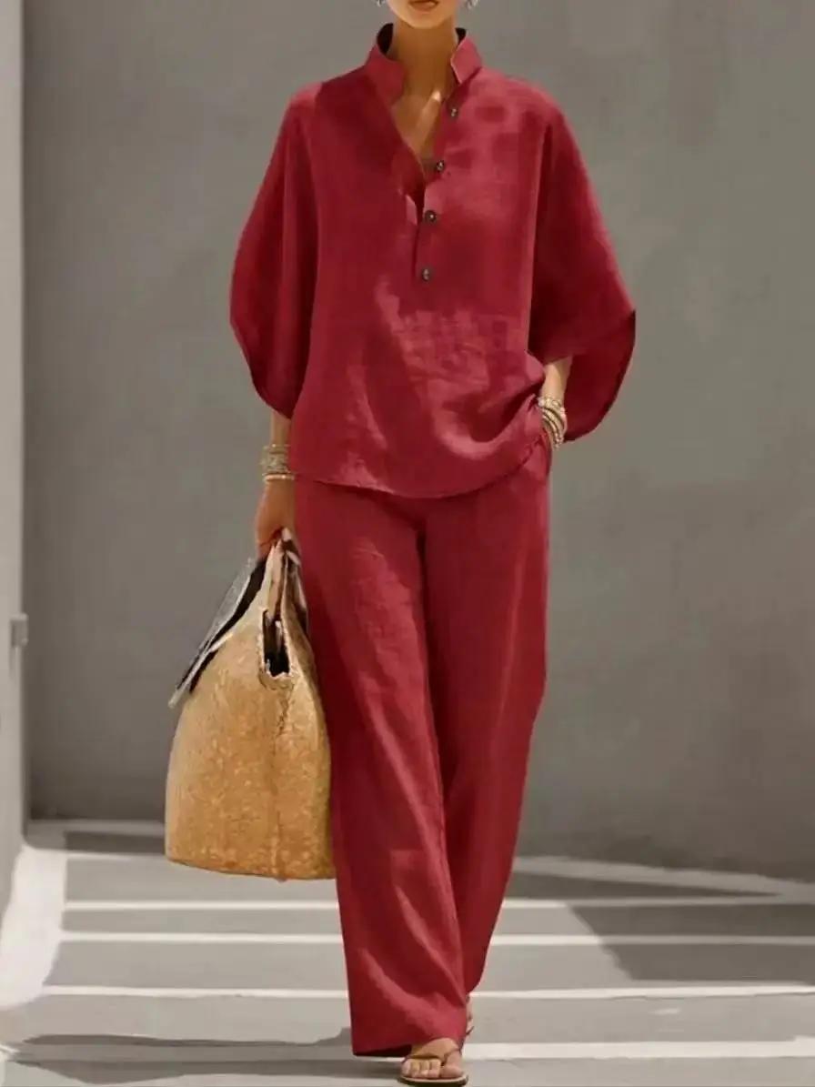 Linen-Feel Set with Wide Sleeves and Elastic-Waist Pants