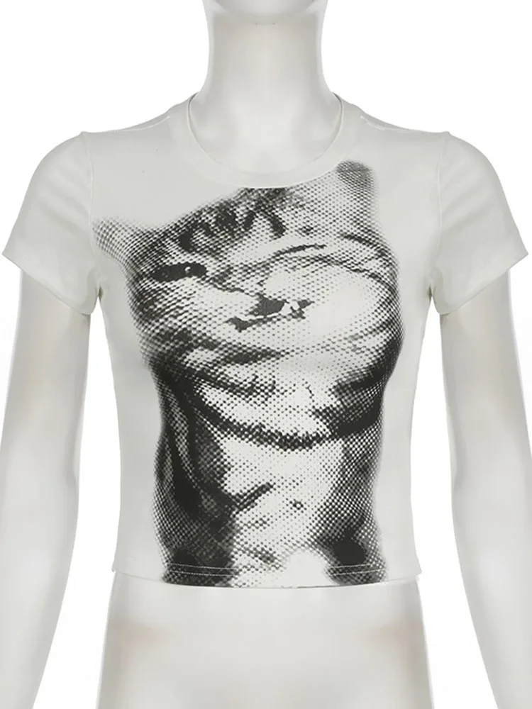 White Cropped Animal Print T-Shirt