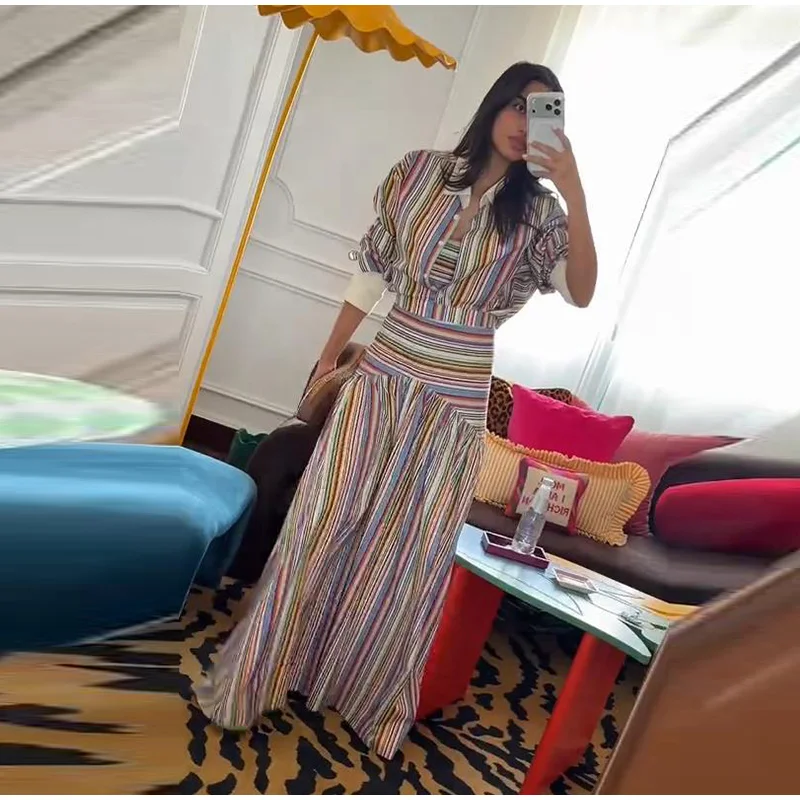 2-Piece Striped Set: Button-Up Shirt and Ankle-Length Skirt