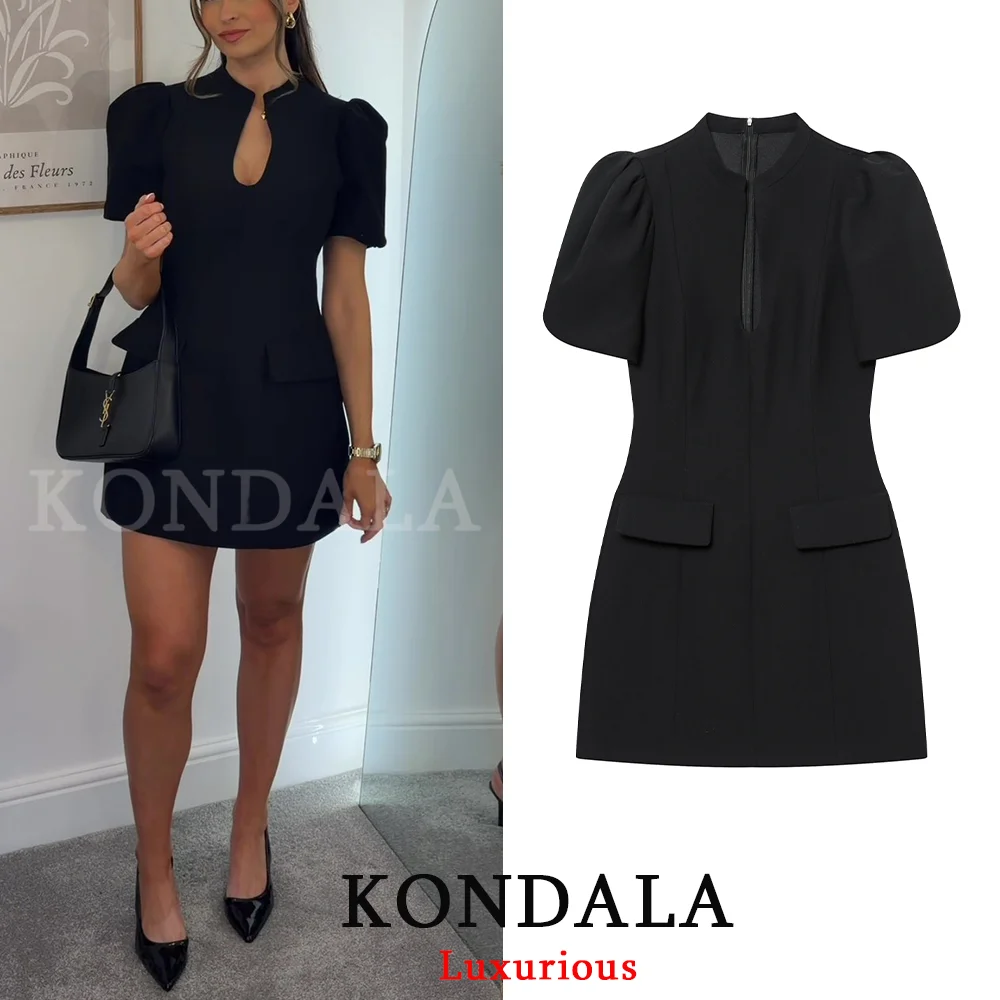 Elegant Puff Sleeve Summer Short Dress with Zipper