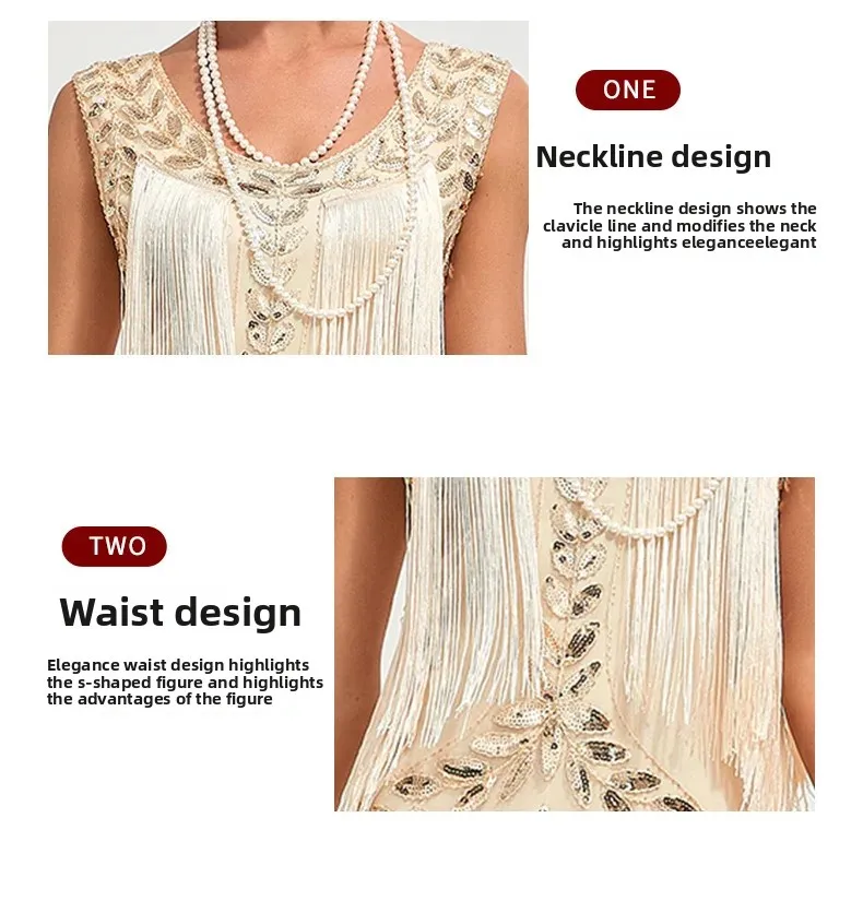 Beaded Sequin Evening Dress with Classic Round Neck