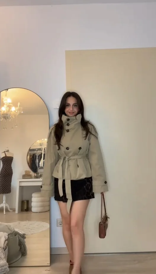 Short Double-Breasted Trench Coat with Belt