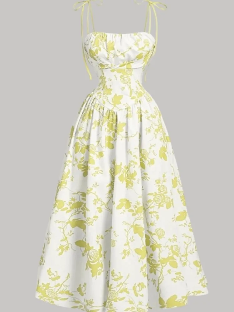 Floral Flared Midi Dress with Spaghetti Straps