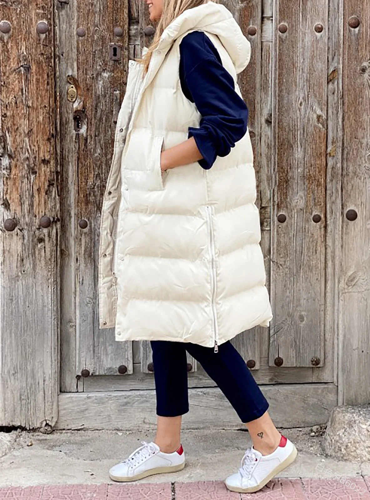 Long Winter Hooded Zip-Up Vest with Side Pockets