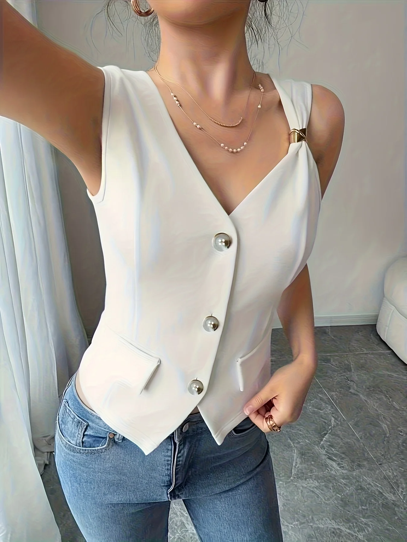 Women's White Vest with Sequin Details and Front Buttons