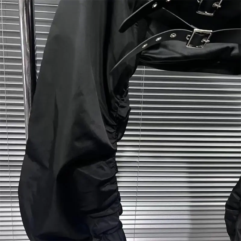 Black Leather-Feel Jacket with Front Buttons and Pockets