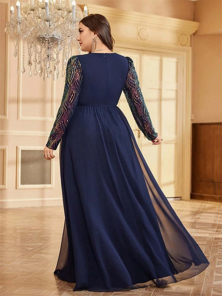 Long Sleeve V-Neck Loose Chiffon Evening Dress