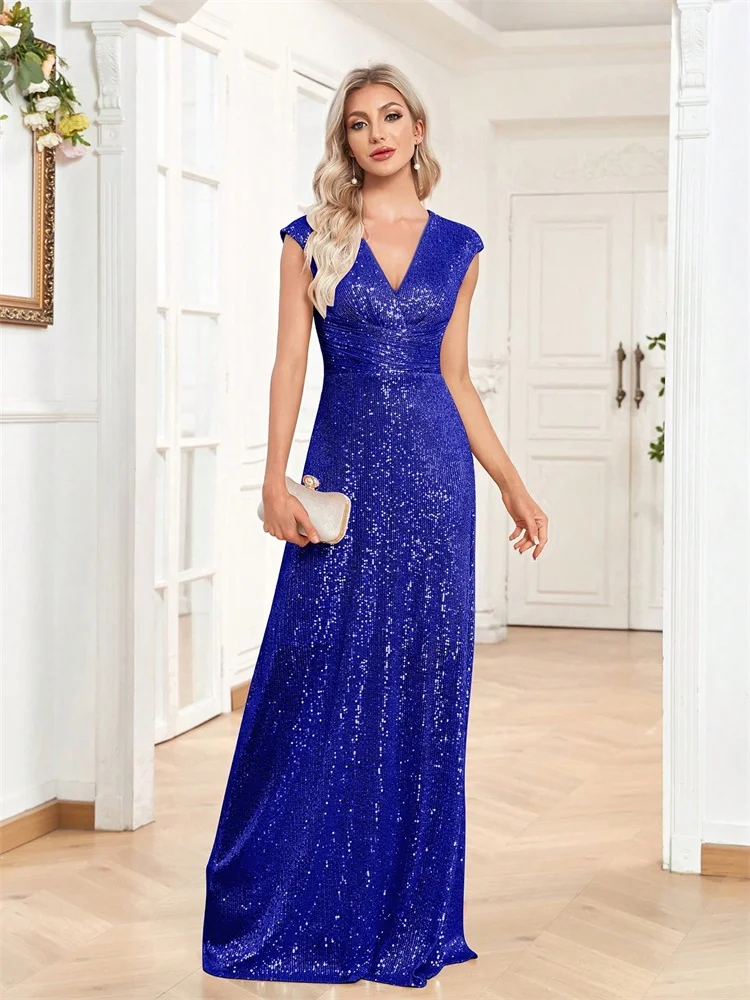 Sequin Evening Dress with Cap Sleeves, V-Neck and Gathered Waist