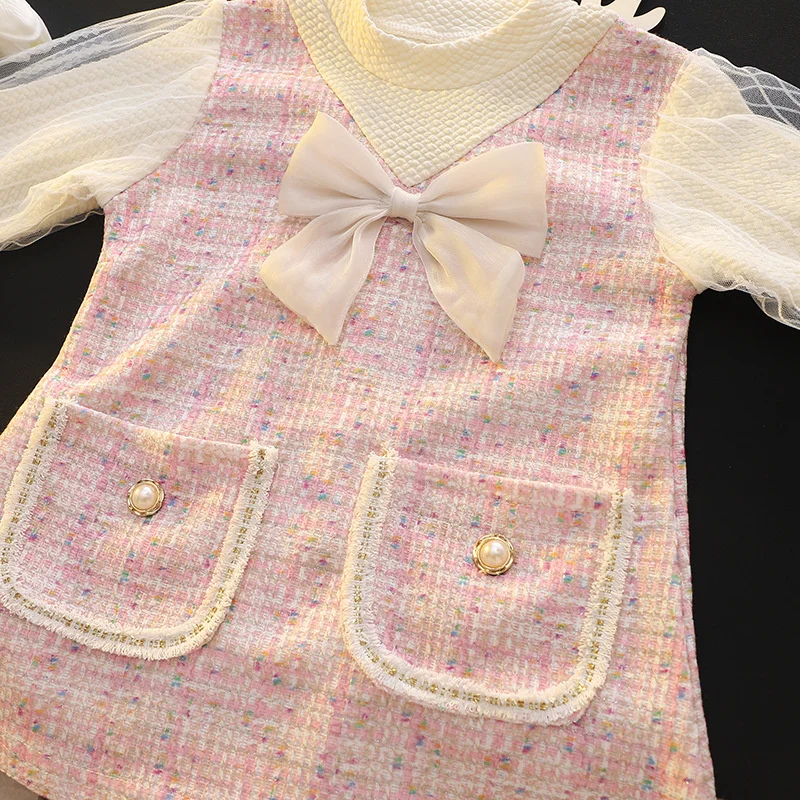 Girls' Elegant Long Sleeve Dress with Bow