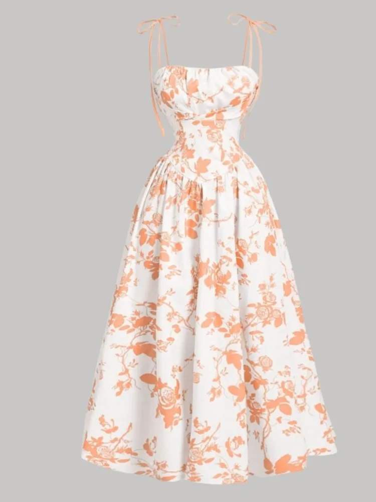 Floral Flared Midi Dress with Spaghetti Straps