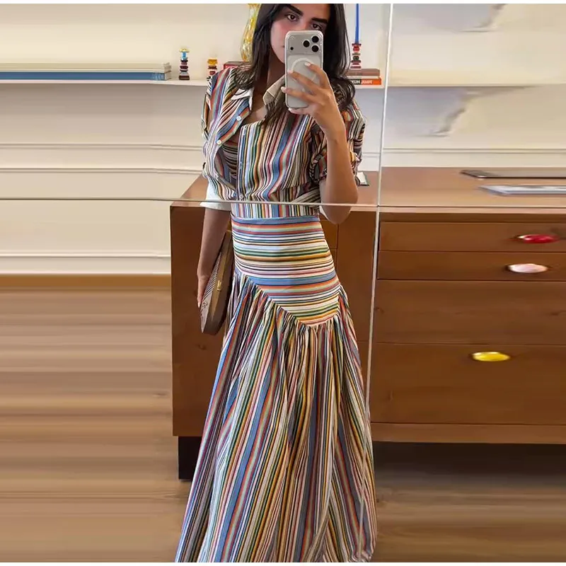 2-Piece Striped Set: Button-Up Shirt and Ankle-Length Skirt