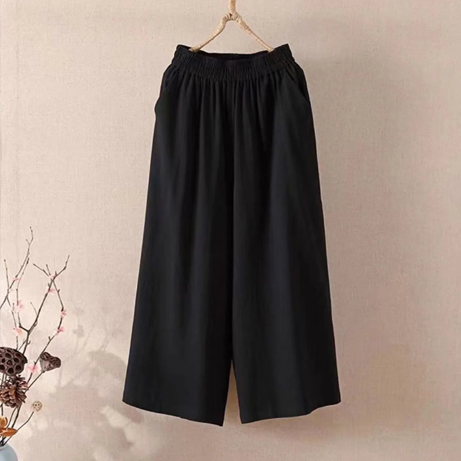 Ankle-Length Wide-Leg Pants with Elastic Waist and Side Pockets