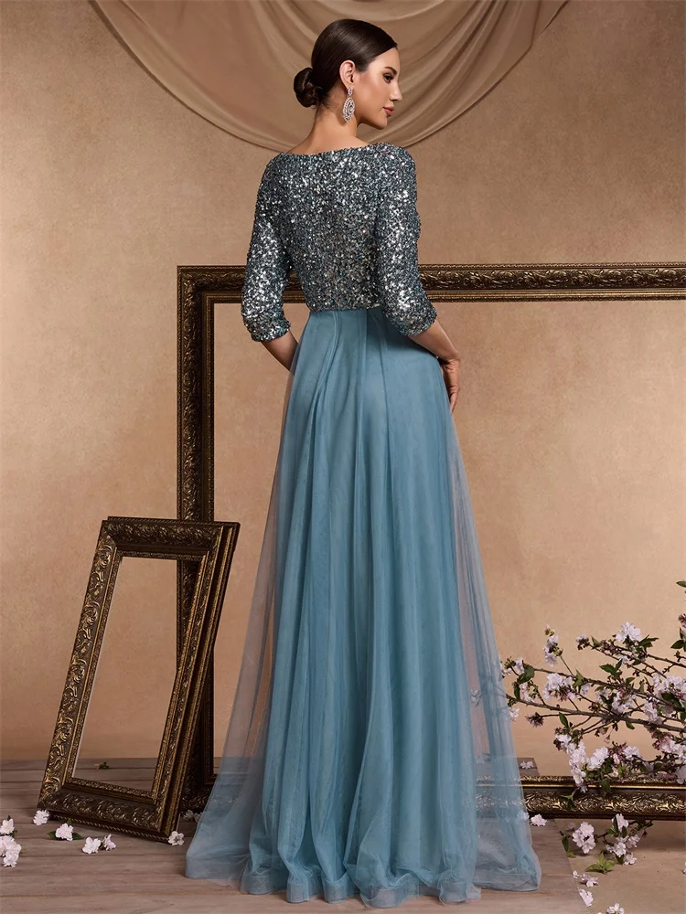 Three-Quarter Sleeve Evening Dress with Sequin Bodice and Tulle Skirt
