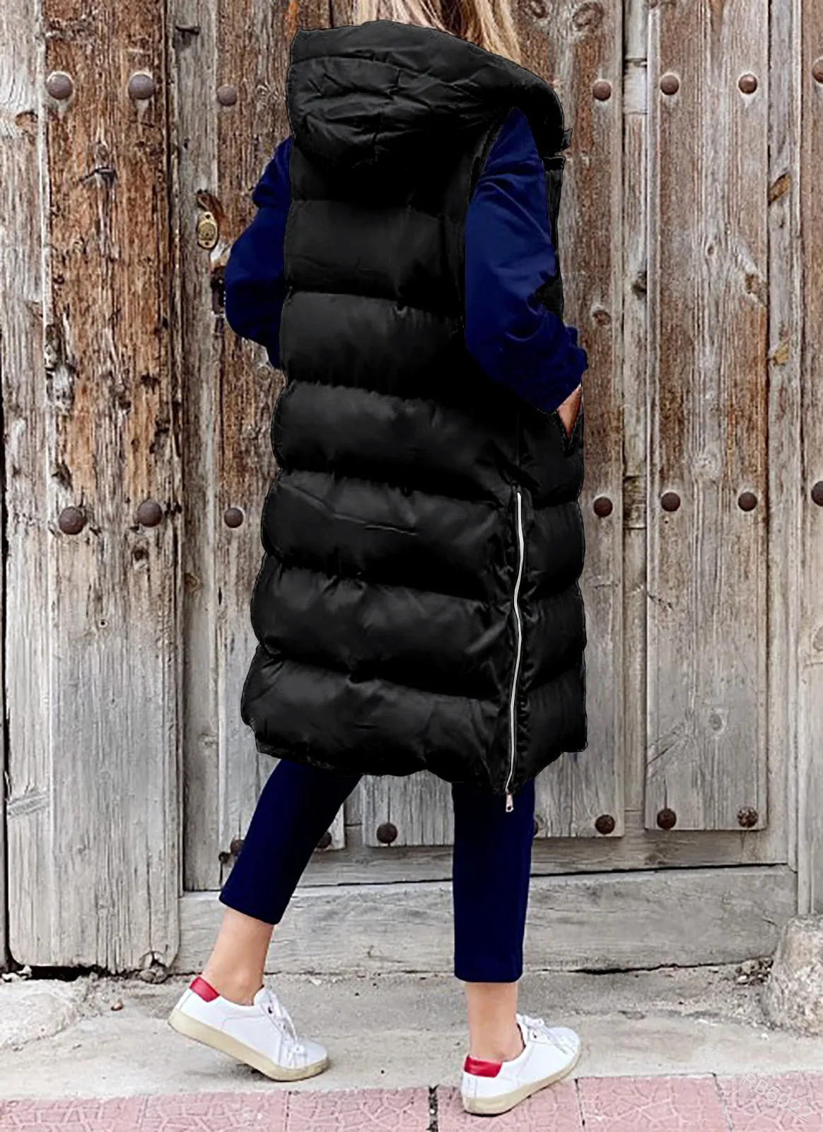 Long Winter Hooded Zip-Up Vest with Side Pockets