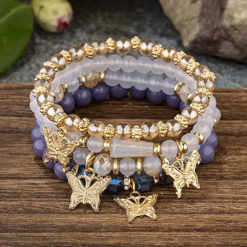 4-Piece Butterfly Beaded Bracelet Set