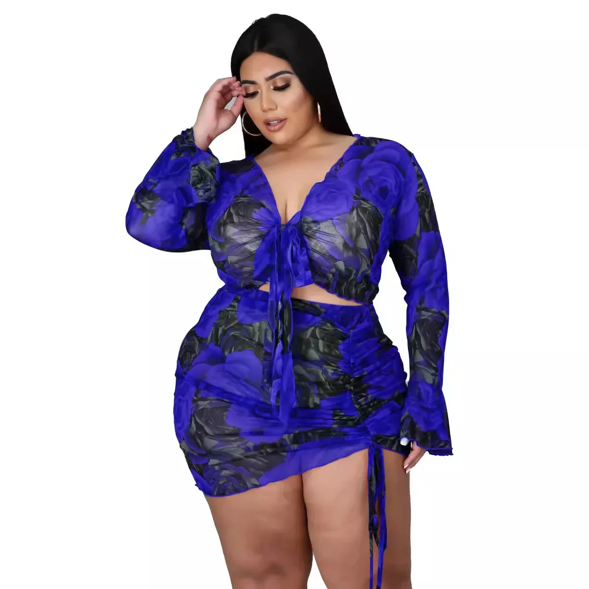 2-Piece Long Sleeve Mesh Set with Colorful Print