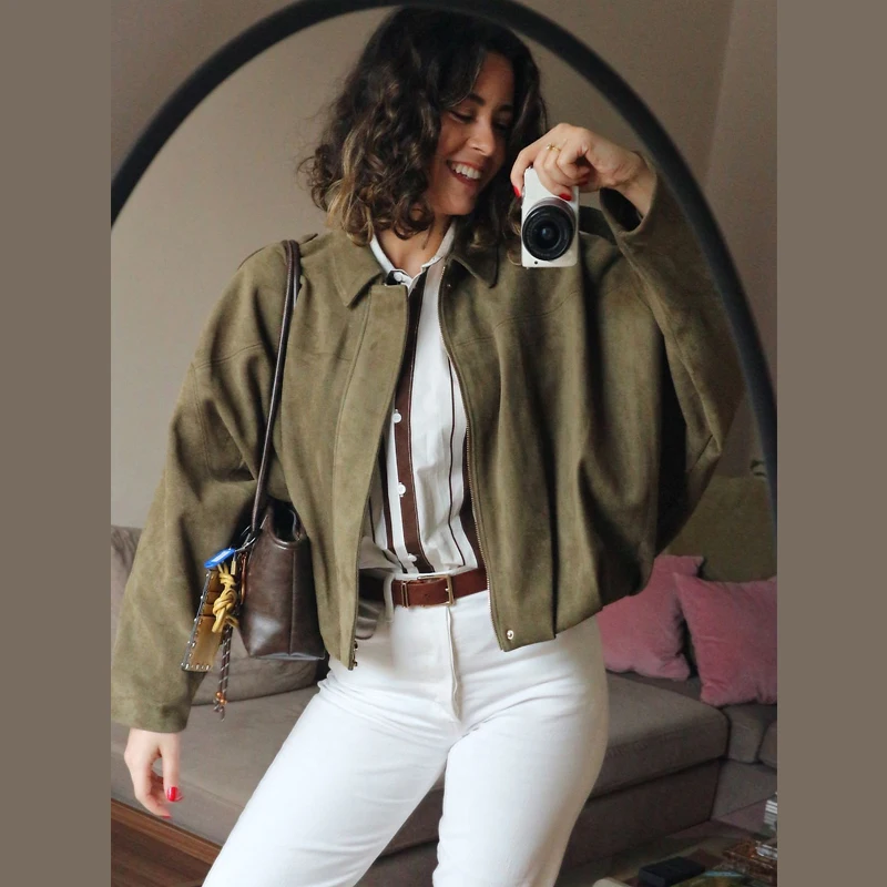 Suede Bomber Jacket with Collar and Zipper
