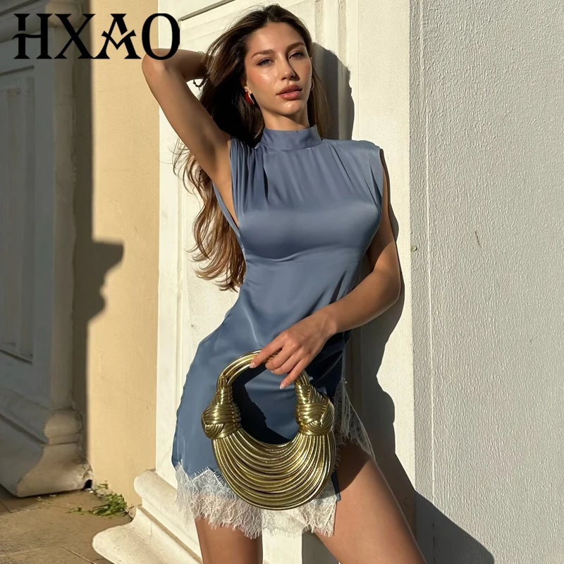 Lace Satin Ruffled Summer Dress