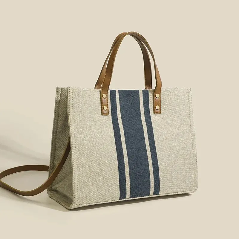 Large-Capacity Striped Canvas Tote Bag