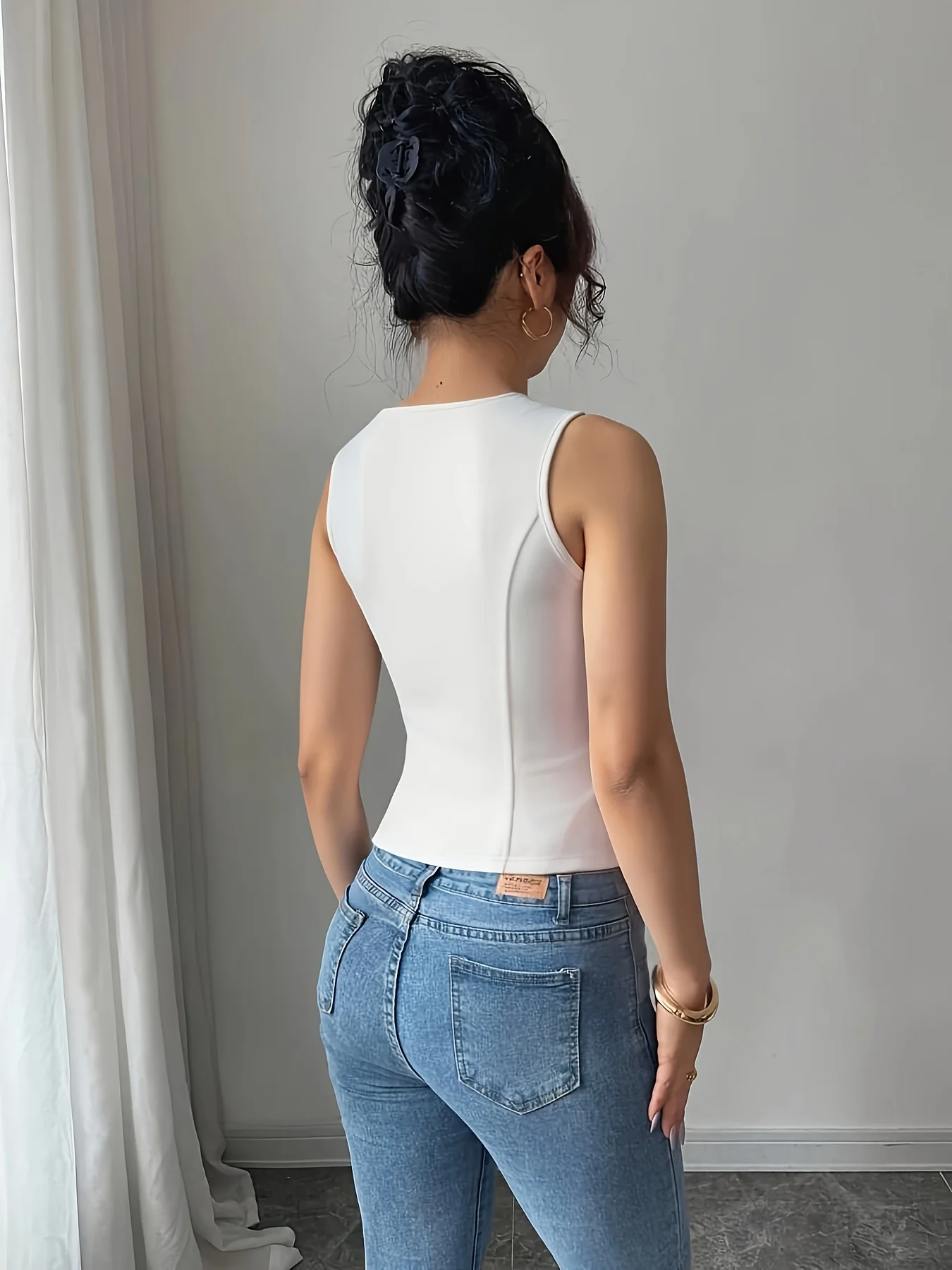 Women's White Vest with Sequin Details and Front Buttons